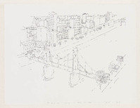 KT 1996 081
<br/>
Stadsgezicht met hangbrug, in vogelvluchtperspectief
<br/>
<em>Looper, Henk de (1931 - 1998)</em>